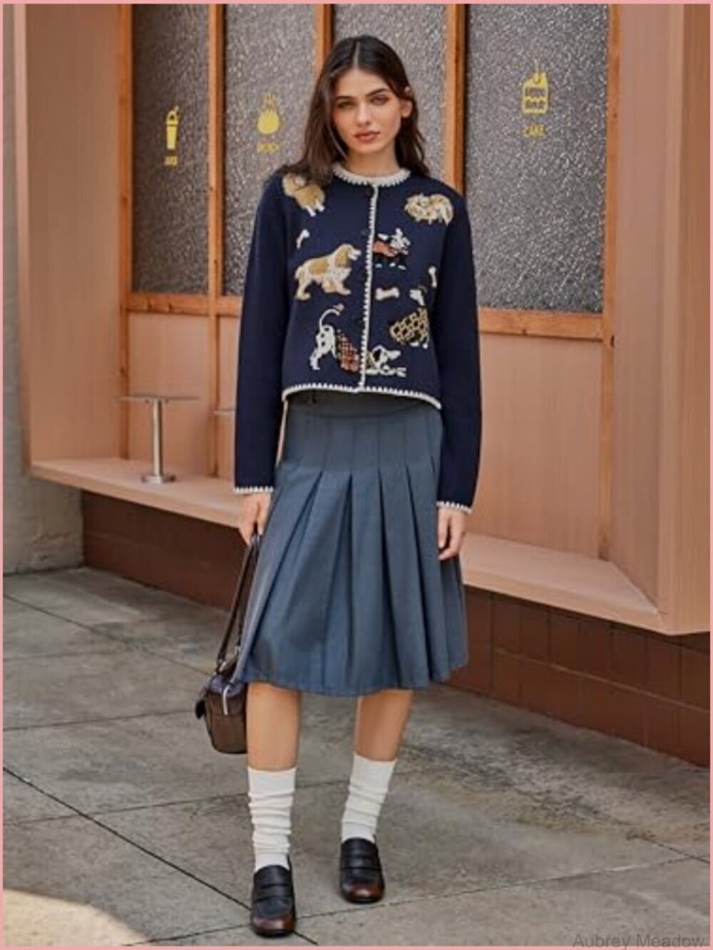Crew Neck Button Down Knit Cardigan Sweater Dog Pattern Fall Winter Outfits - Picture 2 of 7